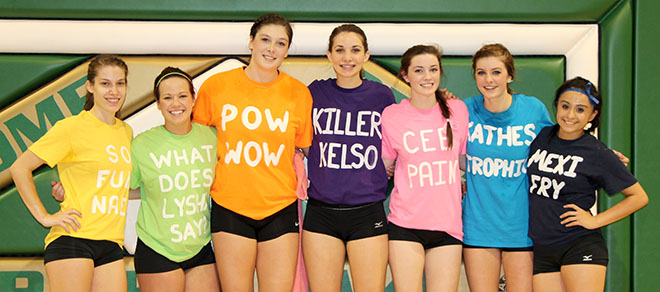 The women’s volleyball team celebrated their last game with custom shirts that humorously expressed moments of camaraderie during the season.