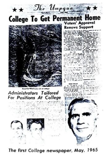 Old magazine clipping of "The Umpqua" student newspaper. It features the faces of three men on the bottom. The text at end of the magazine page reads "The first college newspaper, May, 1965"